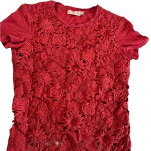 Tory Burch Embroidered Lace Pattern Shirt, Womens XS Short Sleeve Rose Red
